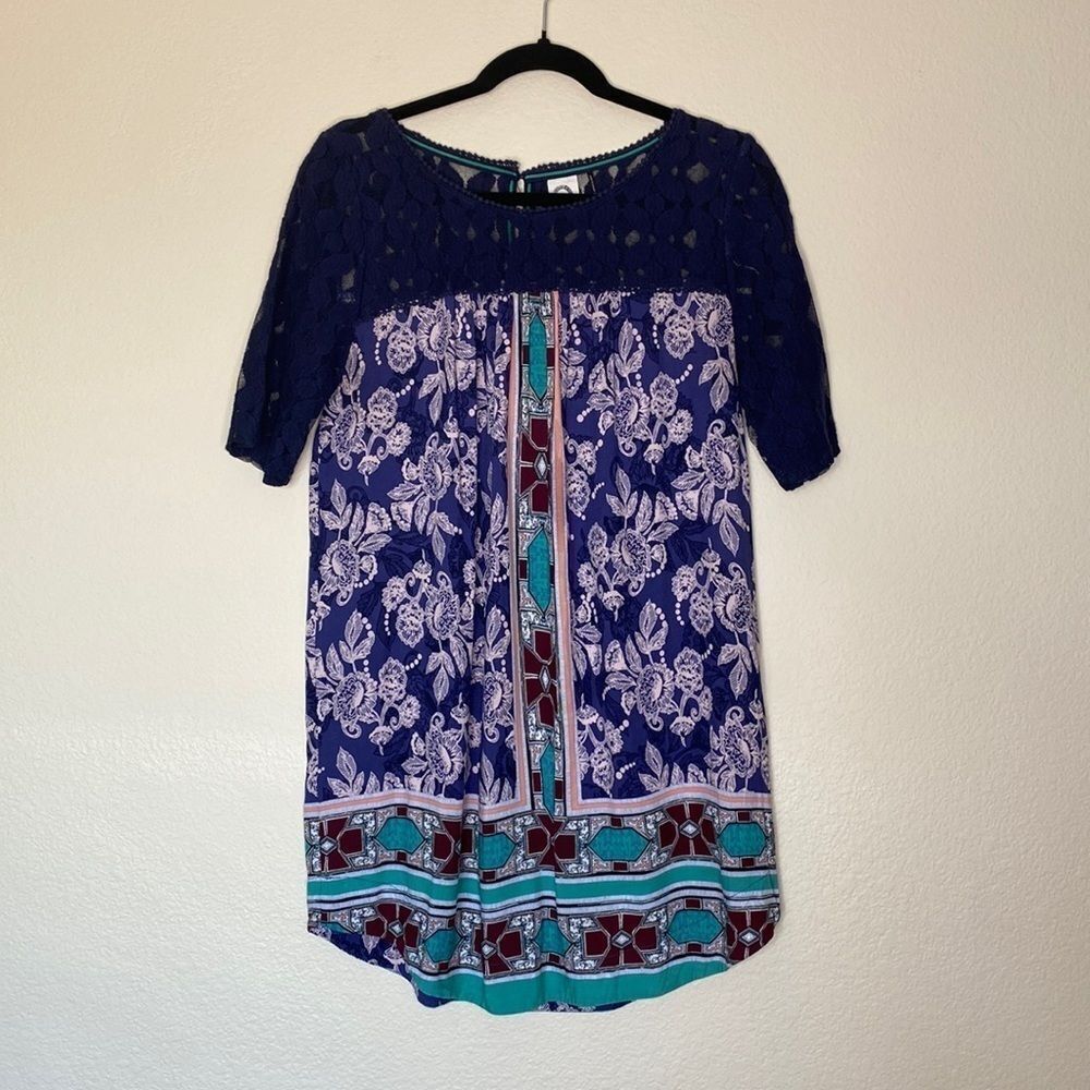 Anthropologie top Akemi + Kin lace floral tunic purple navy teal large